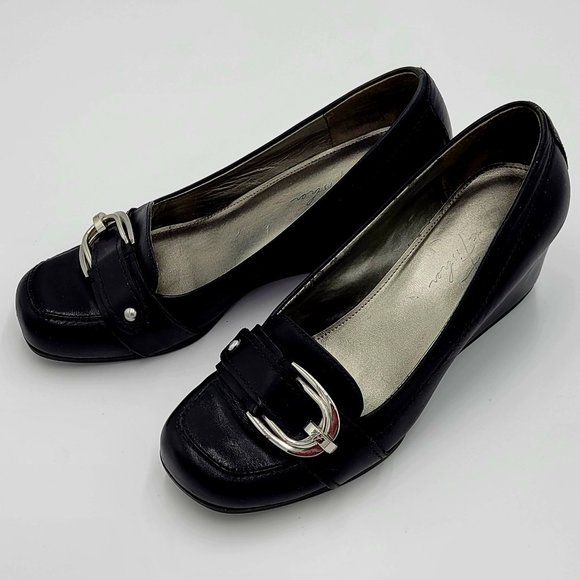 Marc Fisher Shoes - MARC FISHER Black Leather Wedge Shoes Silver Buckle Square Heel SZ 8.5